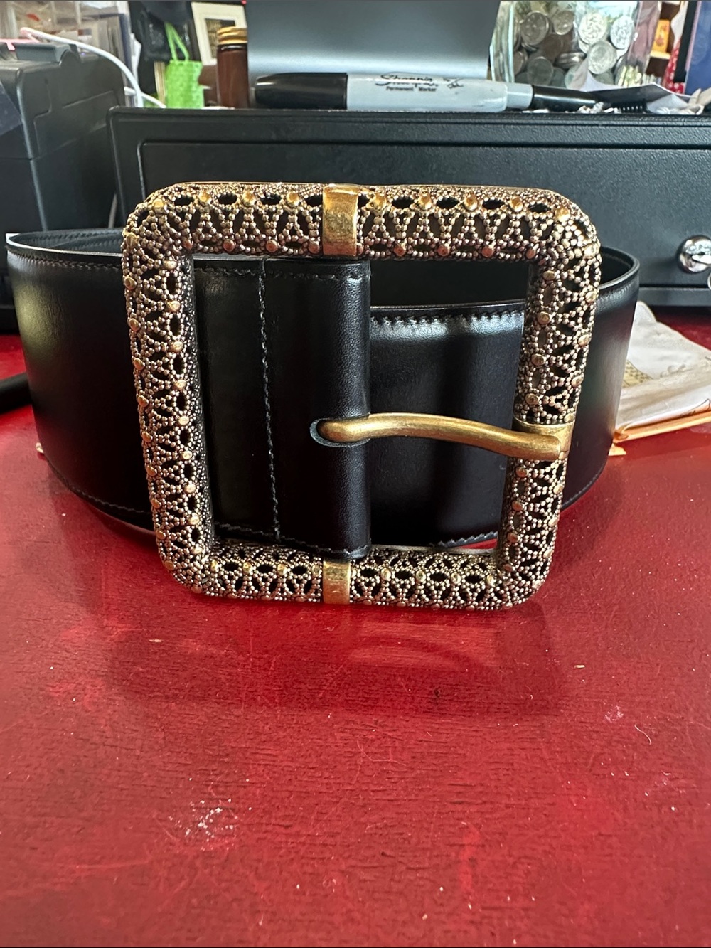 Yves Saint Laurent Black Leather Belt with Ornate Gold Buckle